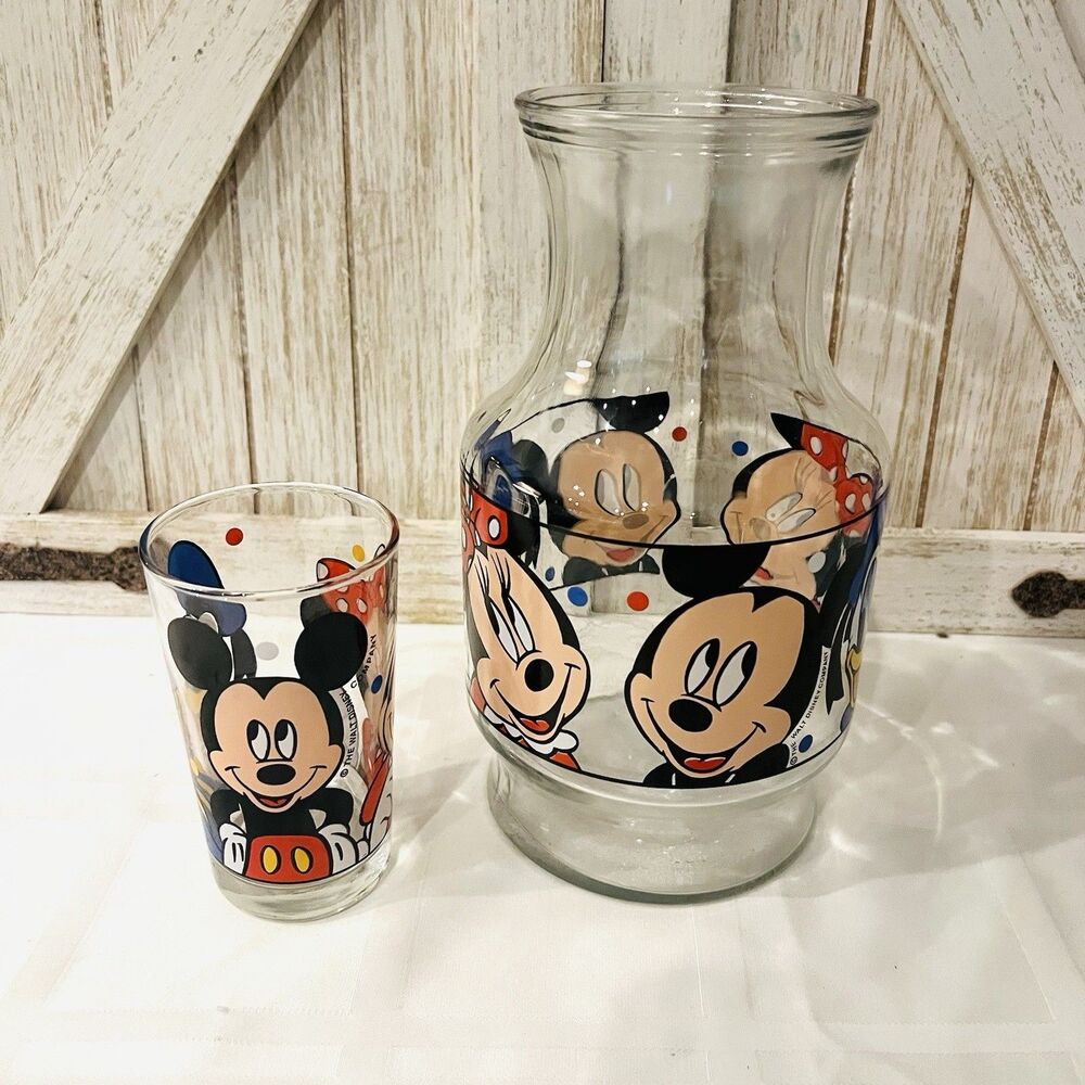 Vintage Disney Anchor Hocking Mickey Minnie Donald Glass Juice Carafe & Tumbler